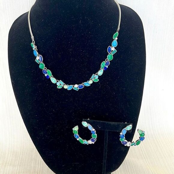 Jewelry Set- Silver Tone with Blue and Green Crystals Necklace and Earring - Picture 1 of 6